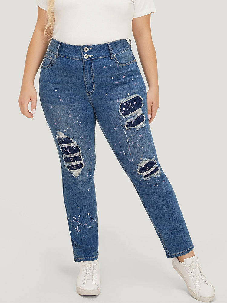 Very Stretchy High Rise Medium Wash Paint Patched Jeans