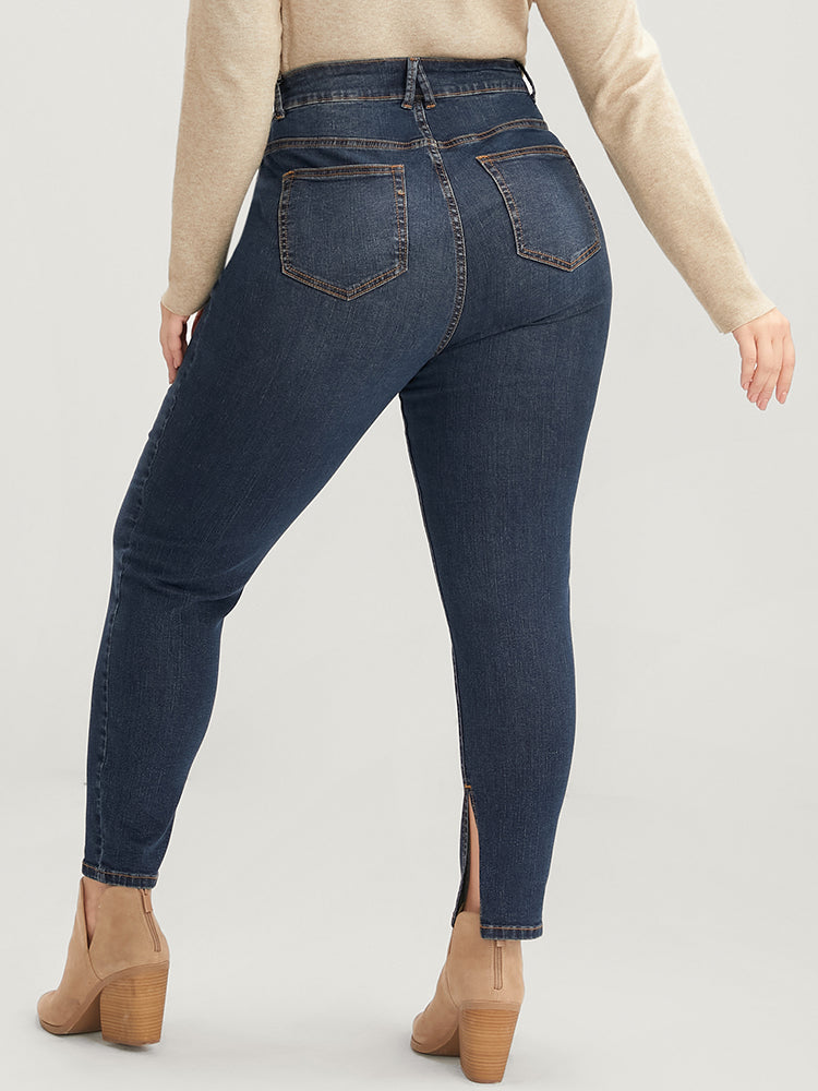 Mom Jeans Skinny Moderately Stretchy High Rise Medium Wash Split Jeans