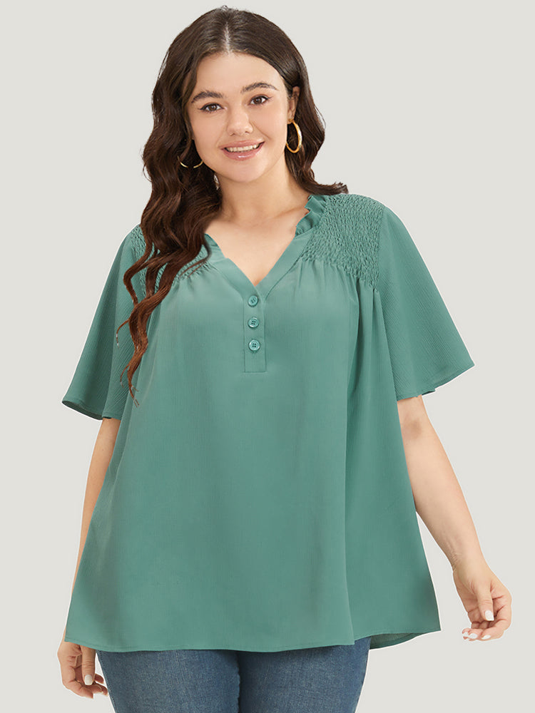 Plain Shirred Button Through Frill Trim Stand Collar Blouse