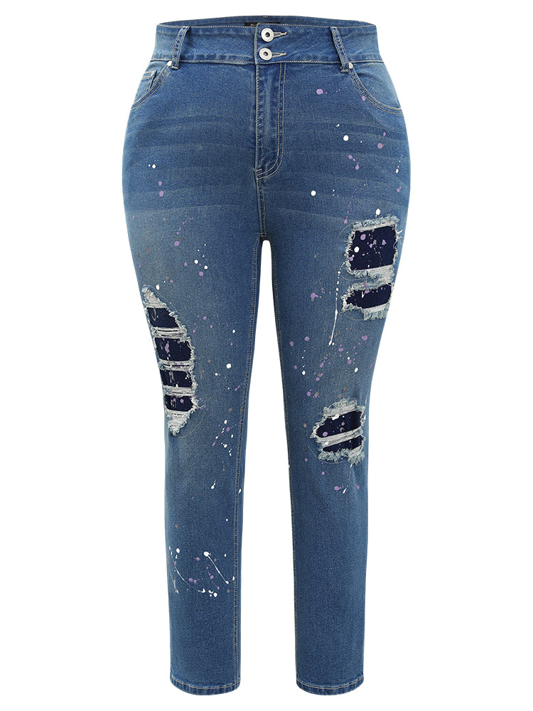 Very Stretchy High Rise Medium Wash Paint Patched Jeans
