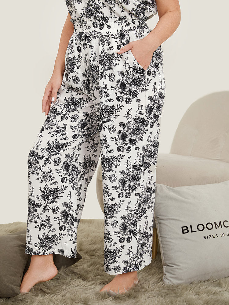 Floral Print Pocket Shirred Waist Pajama Bottoms