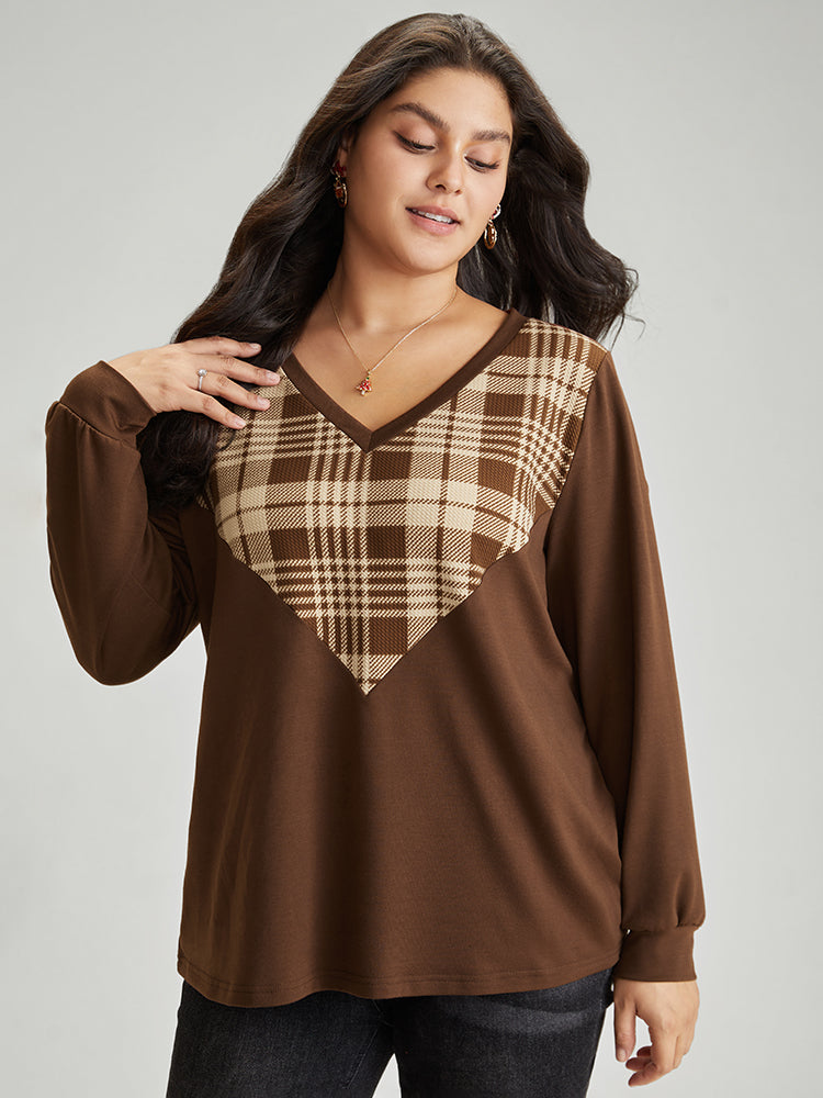 Plaid V Neck Patchwork Elastic Cuffs Sweatshirt