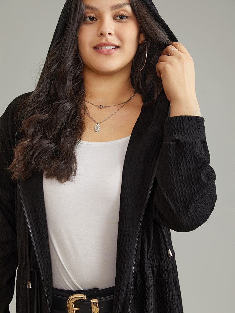 Plain Zipper Elastic Waist Drawstring Coat