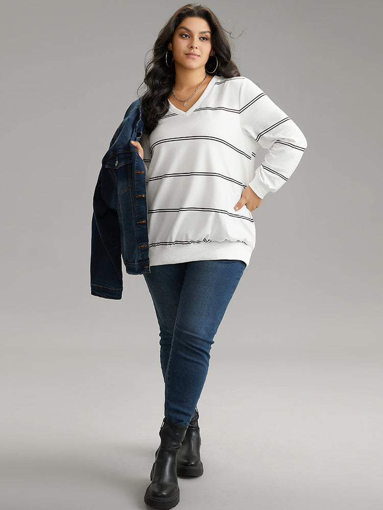 Rib Knit Striped V Neck Sweatshirt