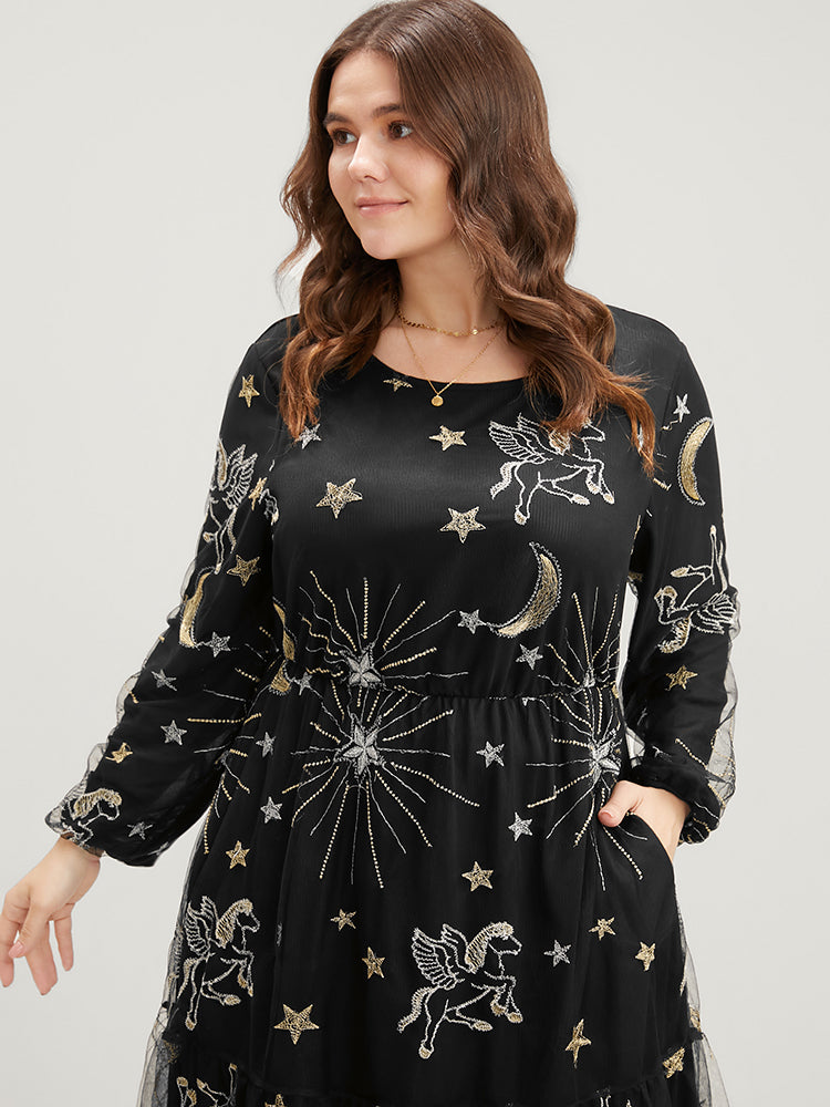 Moon And Star Pocket Lantern Sleeve Embroidered Mesh Dress