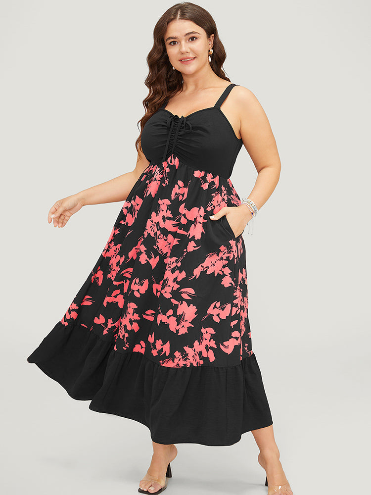 Floral Patchwork Drawstring Pocket Ruched Ruffles Cami Dress – BloomChic