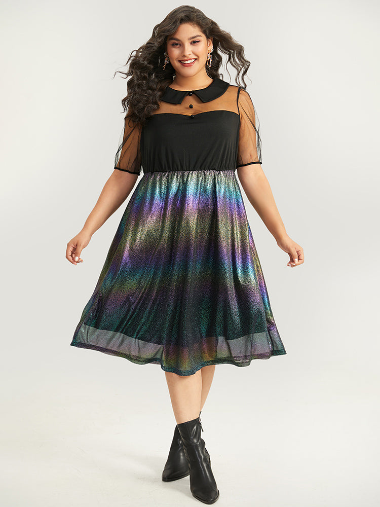 Plus Size Dresses  Halloween Rainbow Glitter Mesh Lapel Collar