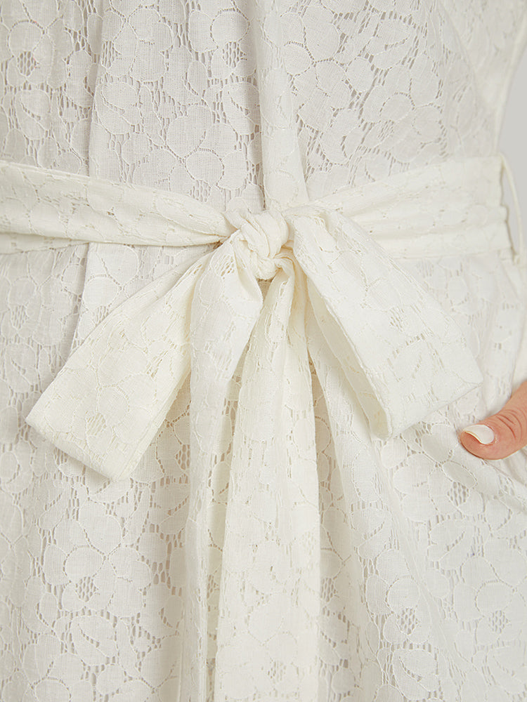 Lace Panel Belted Cold Shoulder Flutter Sleeve Dress