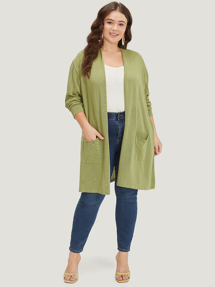Solid Patched Pocket Open Front Tunic Cardigan