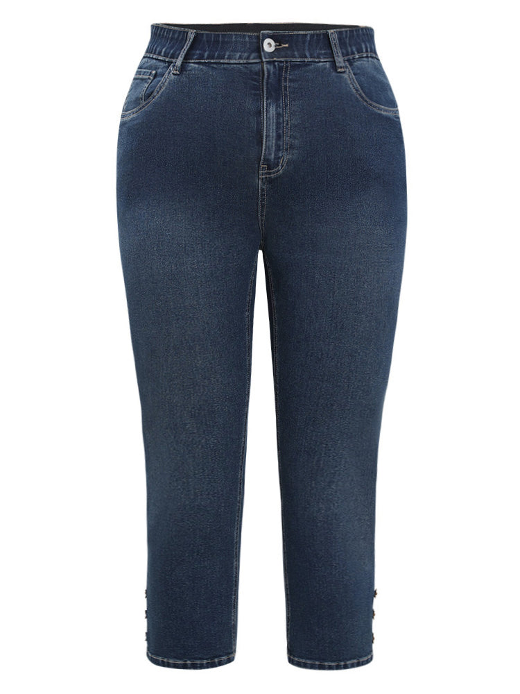 Very Stretchy High Rise  Dark Wash Beaded Detail Cropped Jeans