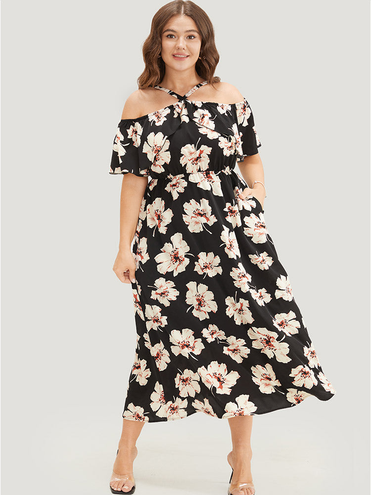 Floral Pocket Ruffle Trim Halter Neck Dress BloomChic