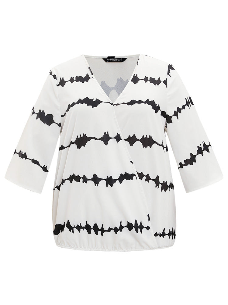Striped Tie Dye V Neck Gathered Blouse