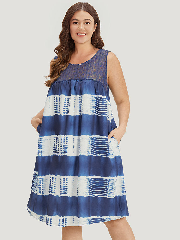 Tie Dye Mesh Patchwork Ruffle Hem Tank Dress