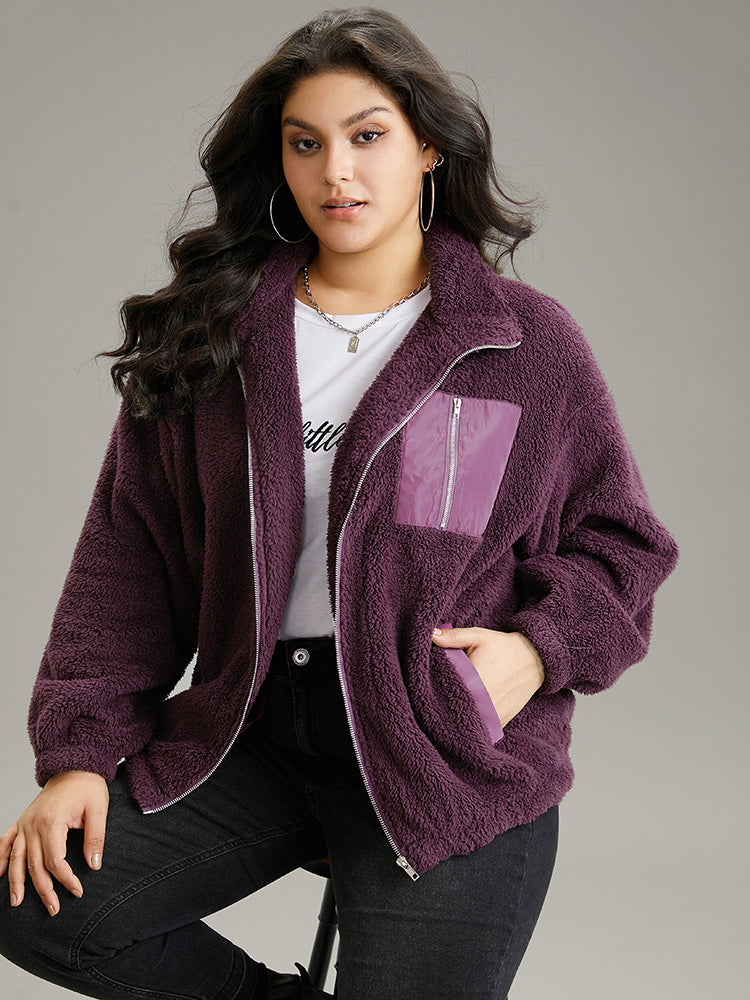 Contrast Zipper Pocket Teddy Jacket BloomChic