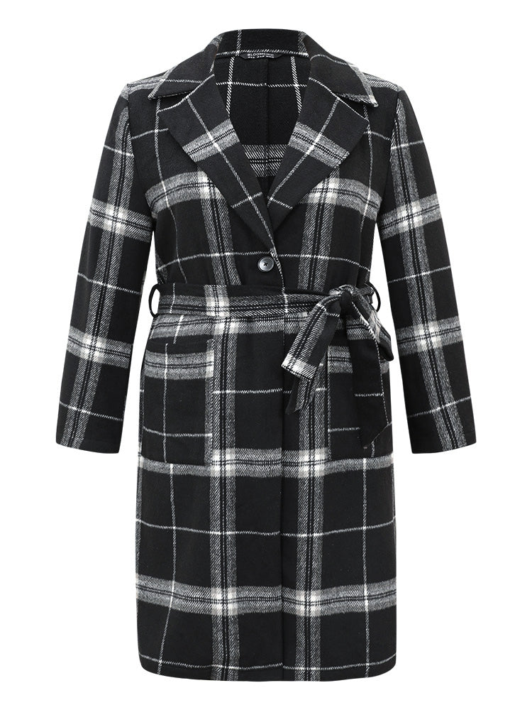 Lapel Collar Plaid Belted Contrast Coat
