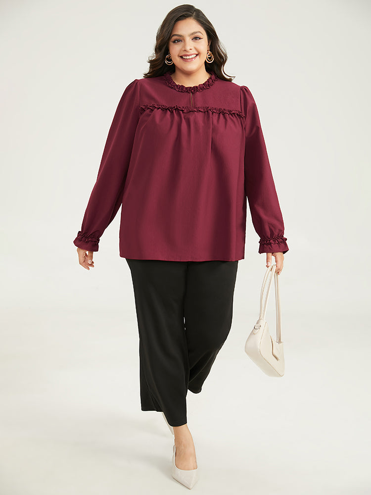 Solid Frill Trim Puff Sleeve Blouse