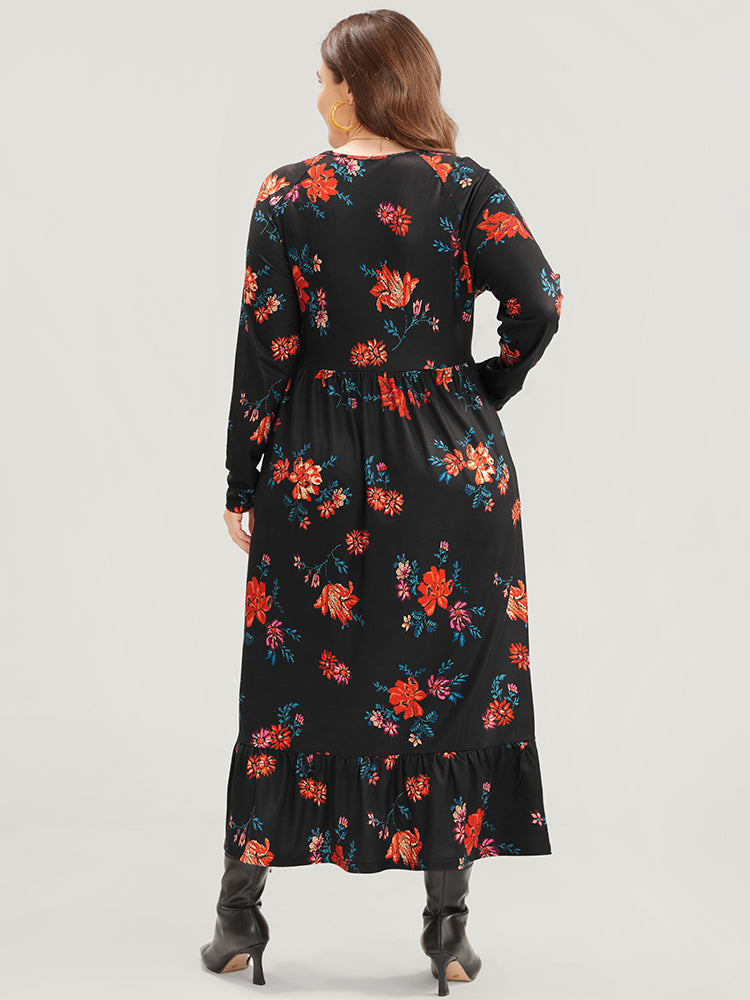 Floral Print V Neck Pocket Flutter Hem Dress Without Belt