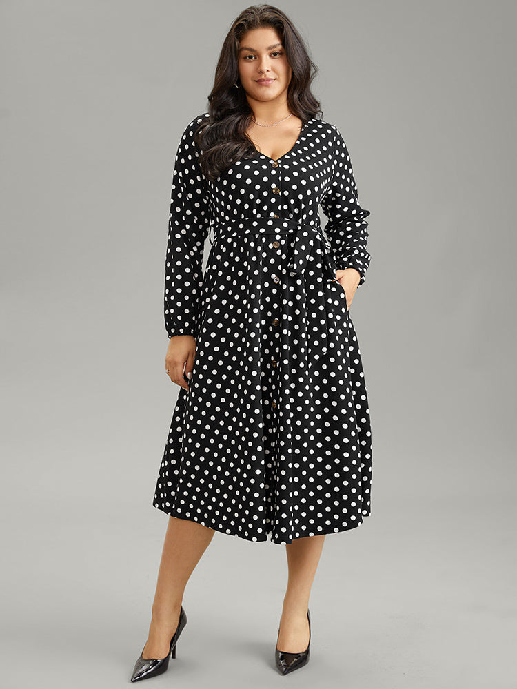 Plus Size Dresses | Polka Dot Lantern Sleeve Belted Button Detail Dress ...