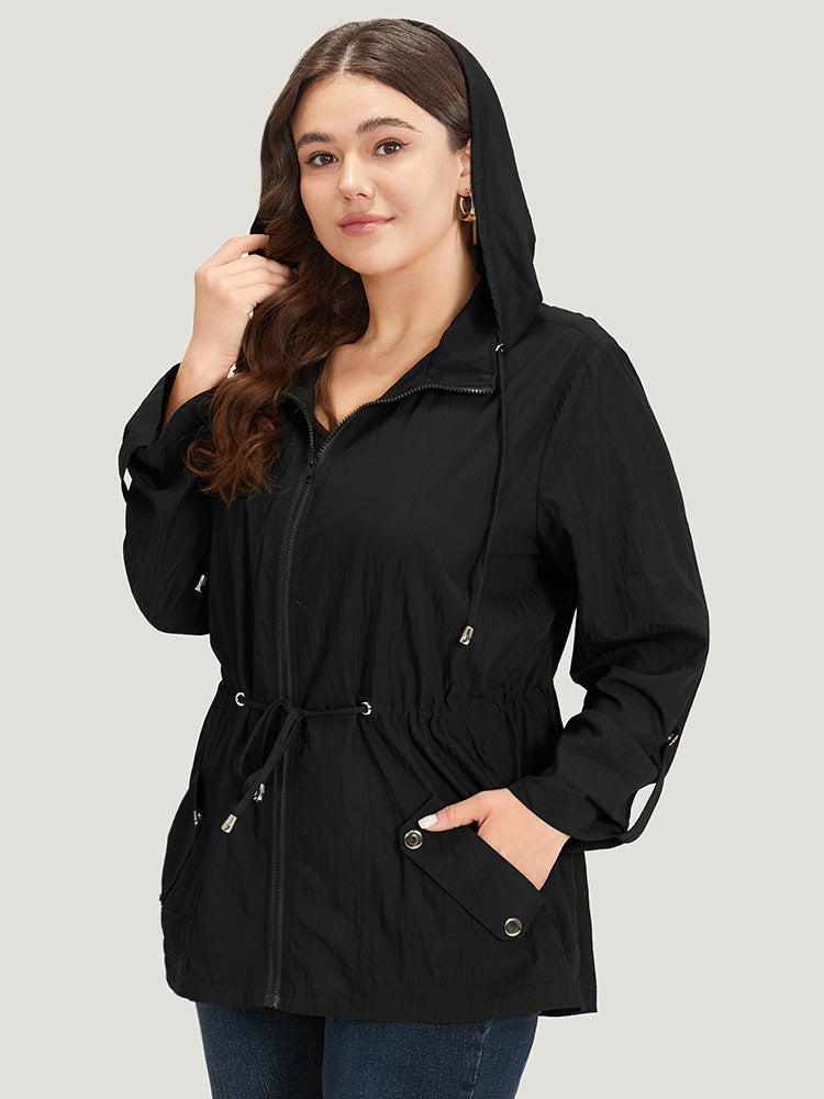 Plain Hooded Zipper Drawstring Tab Sleeve Coat – BloomChic