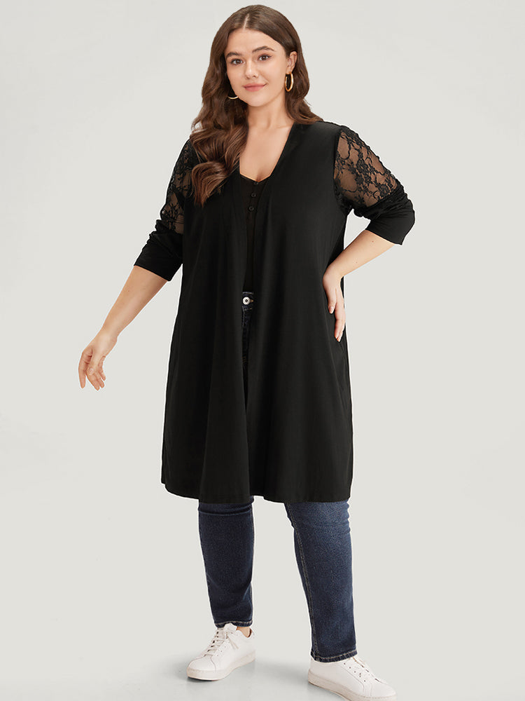 Supersoft Essentials Solid Crochet Lace Mesh Drape Open Front Coat