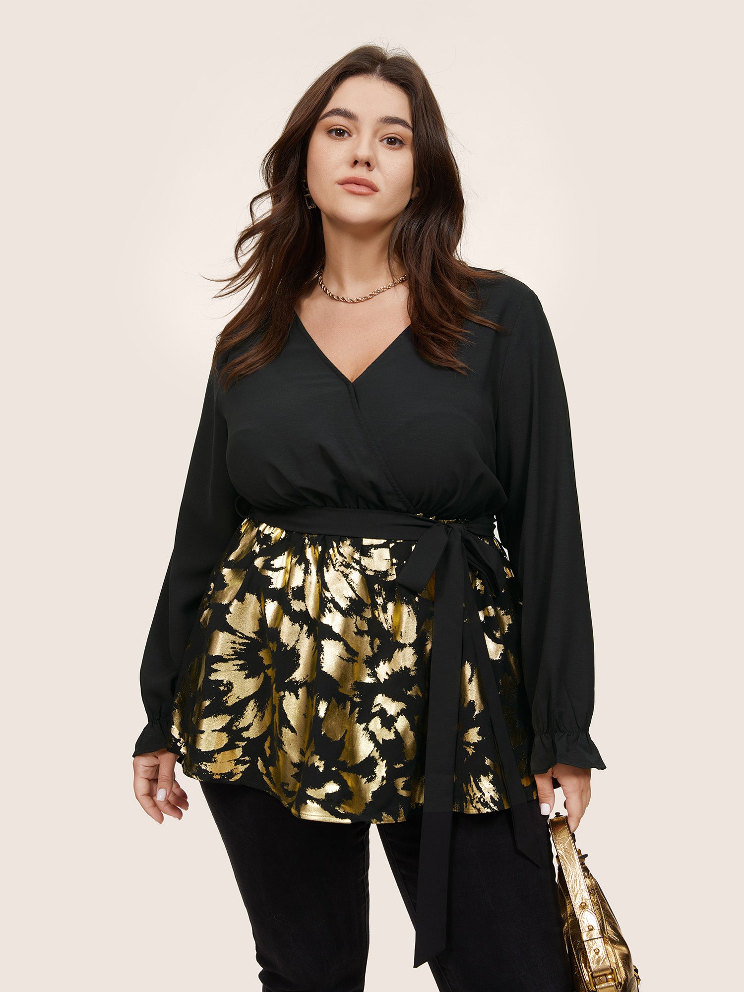 Glitter Patchwork Ruffles Wrap Belted Blouse