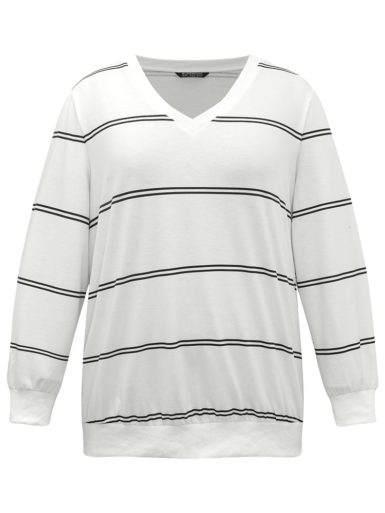 Rib Knit Striped V Neck Sweatshirt