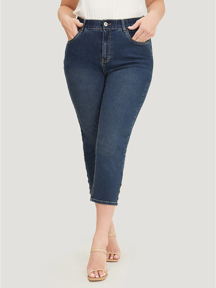 Very Stretchy High Rise  Dark Wash Beaded Detail Cropped Jeans