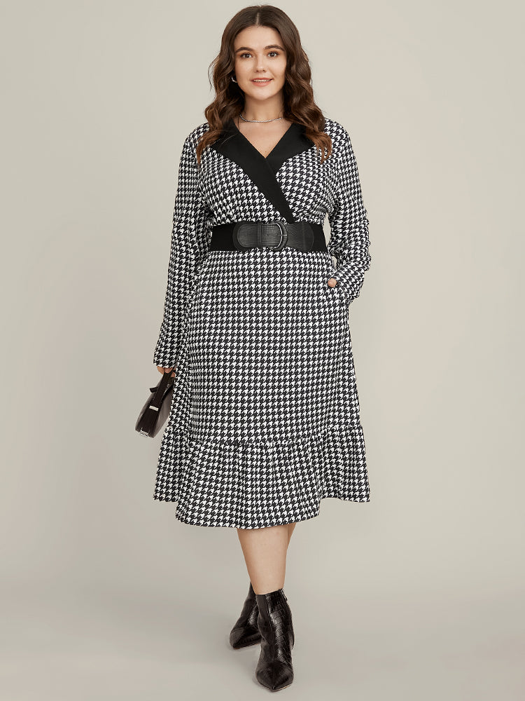 Contrast Trim Suit Collar Pocket Ruffle Hem Houndstooth Dress
