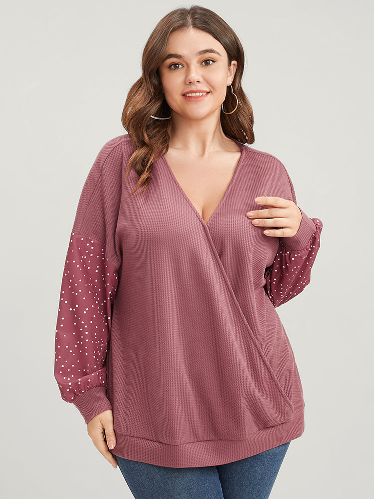 Polka Dot Patchwork Wrap Waffle Knit Sweatshirt