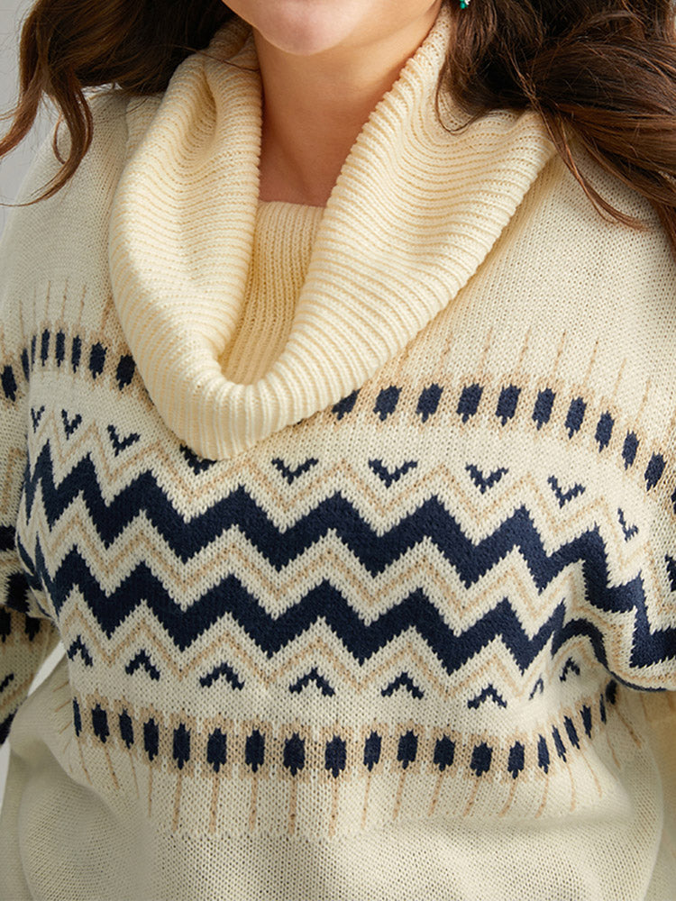 Geometric Contrast Turtleneck Elastic Cuffs Pullover