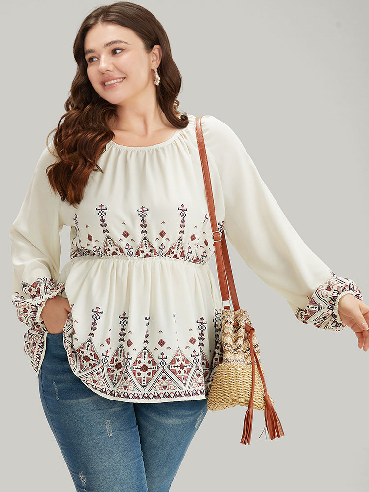 Boho Print Crew Neck Gathered Elastic Waist Blouse – BloomChic