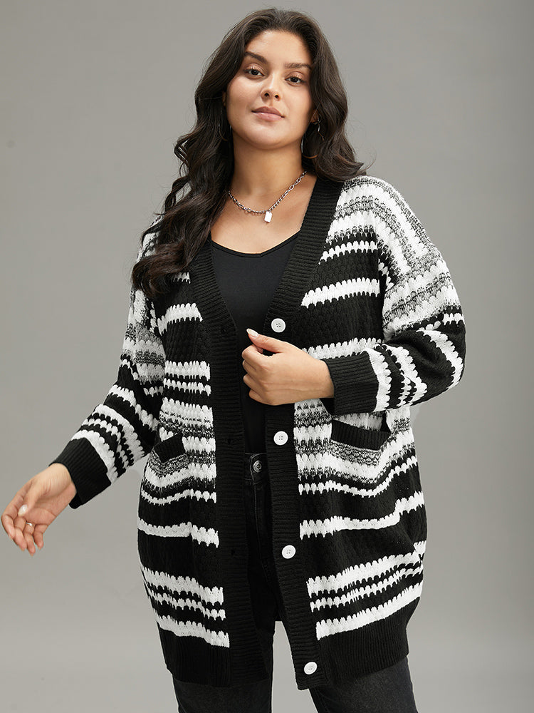 Striped Patched Pocket Button Up Cardigan