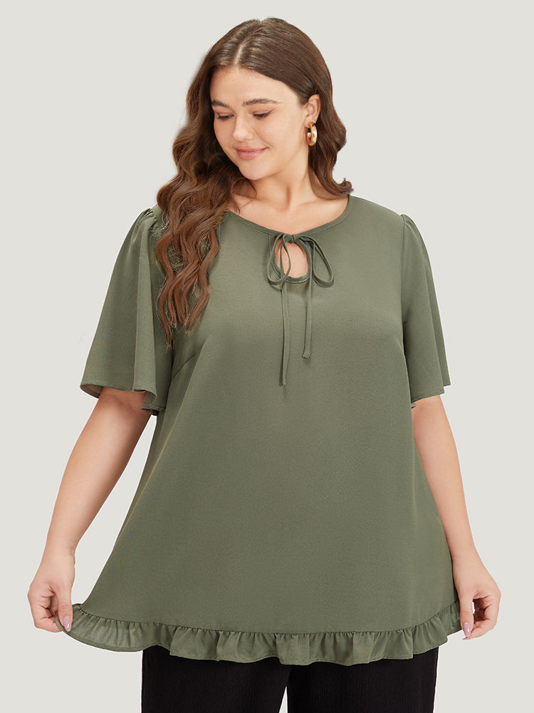 Plain Ruffle Sleeve Knot Neck Frill Trim Woven Top