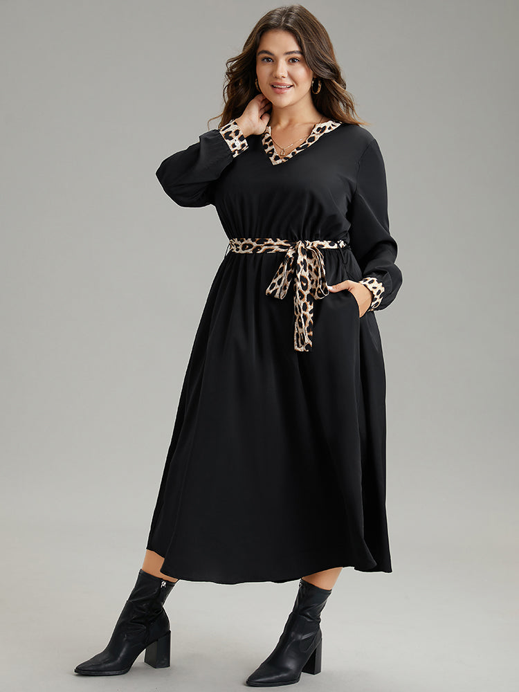 Leopard Patchwork Pocket Belted Notched Dress