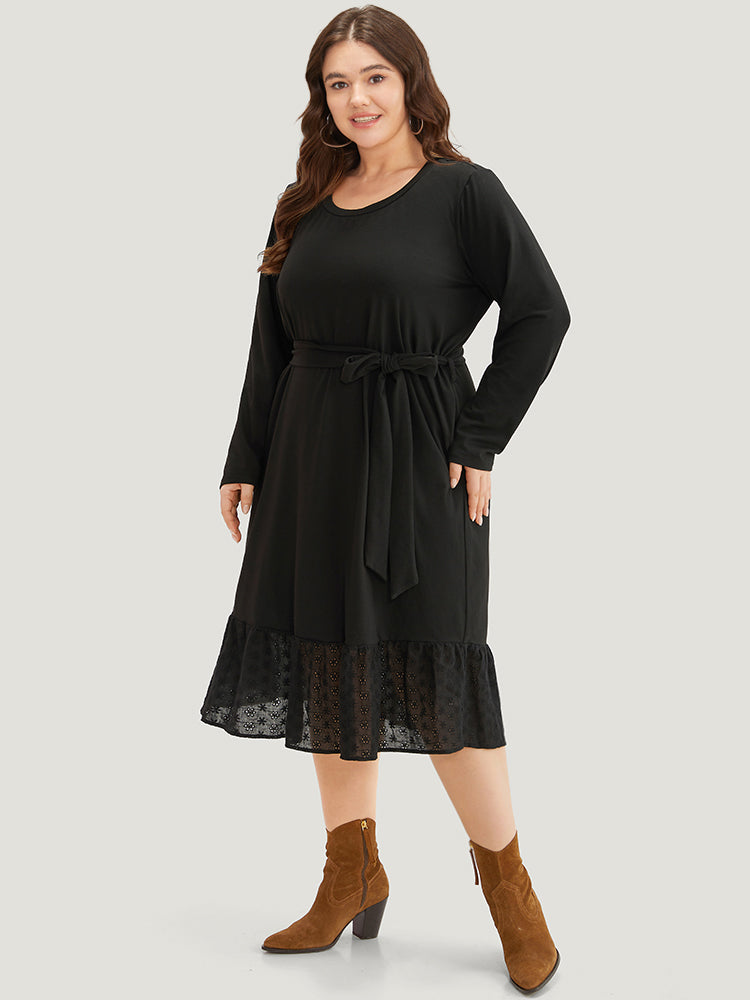 Broderie Anglaise Round Neck Belted Flutter Hem Dress