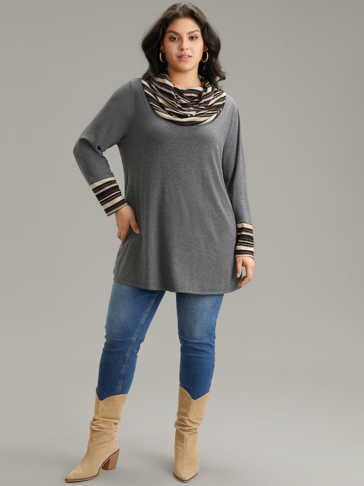 Striped Patchwork Contrast Cowl Neck T-shirt