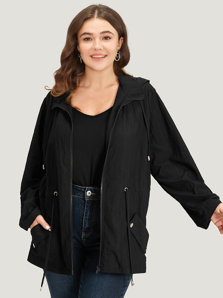 Plus Size Coats | Plain Hooded Zipper Drawstring Tab Sleeve Coat ...