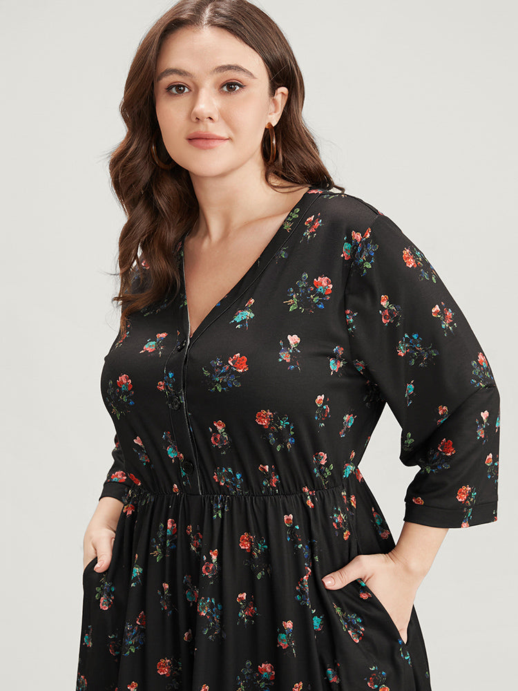 Ditsy Floral Button Up Pocket Split Hem Dress