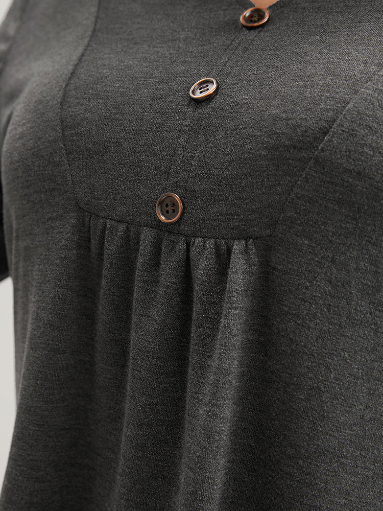 Solid V Neck Button Detail Long Tee