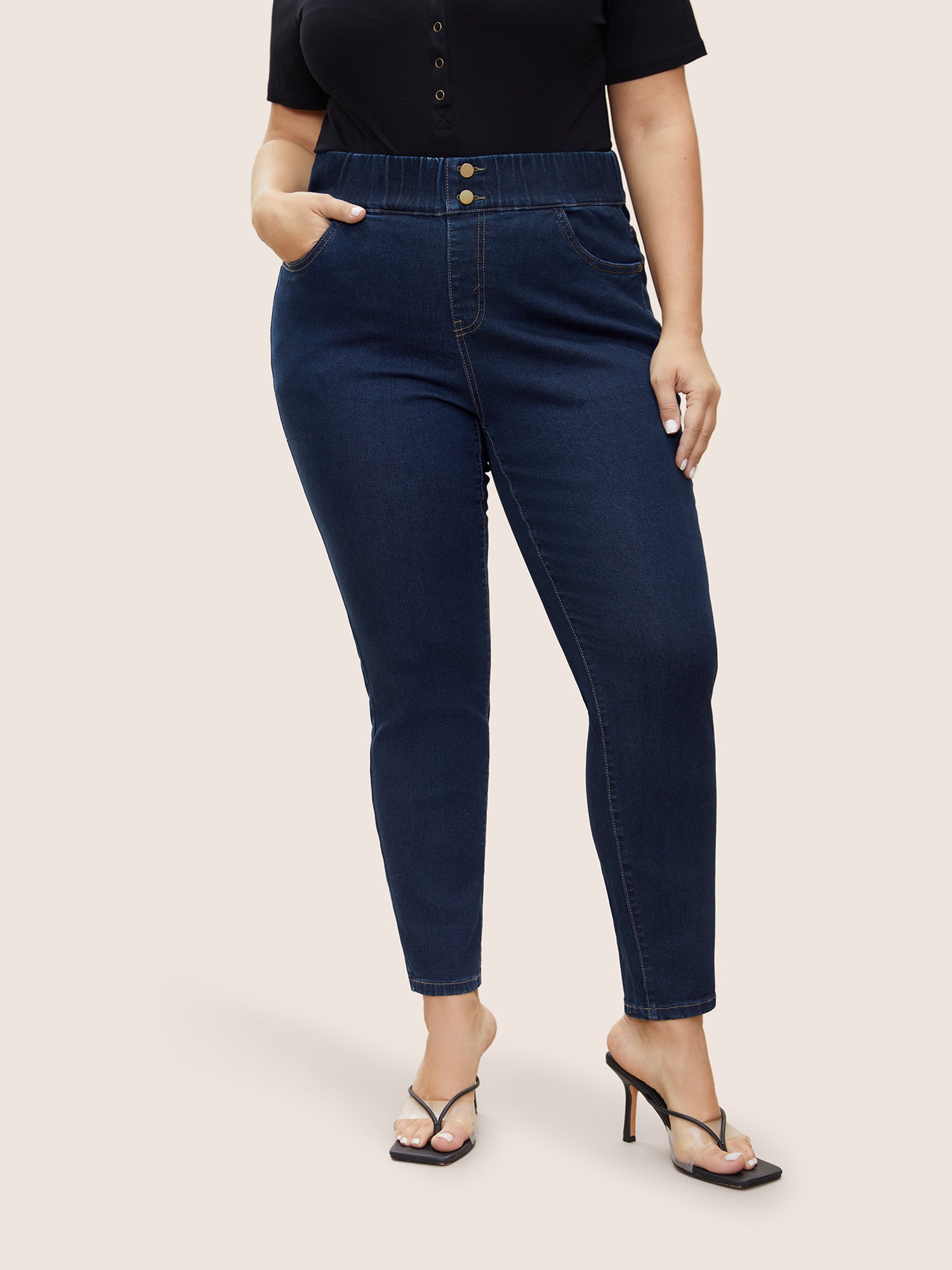 Elastic Waist Full Length Button Detail Jeans