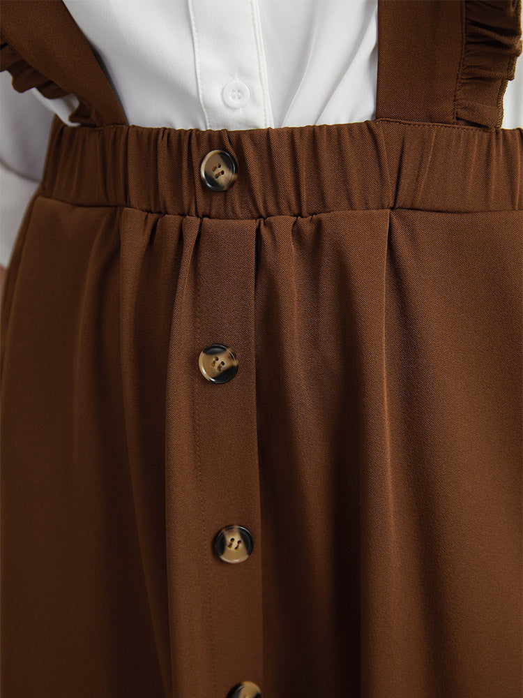 Elastic Waist Button Detail Frill Trim Overall Skirt