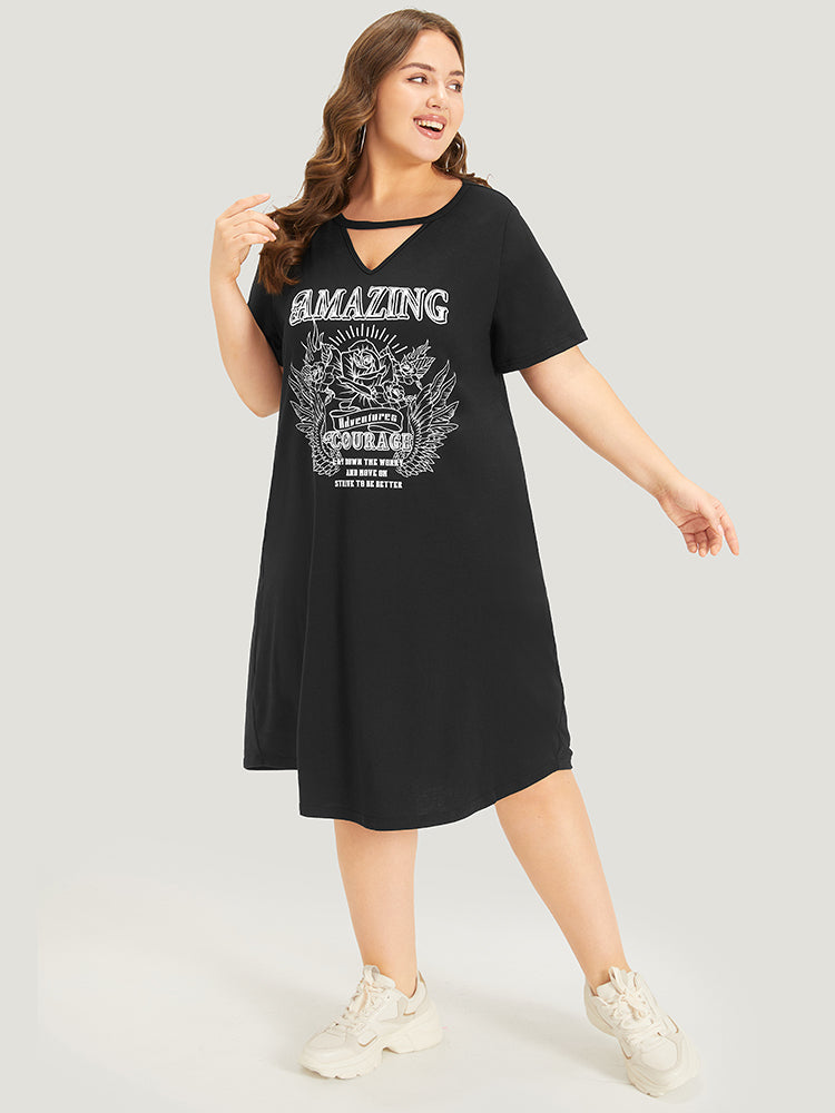 Graphic & Letter Print Pocket Cut Out Dress