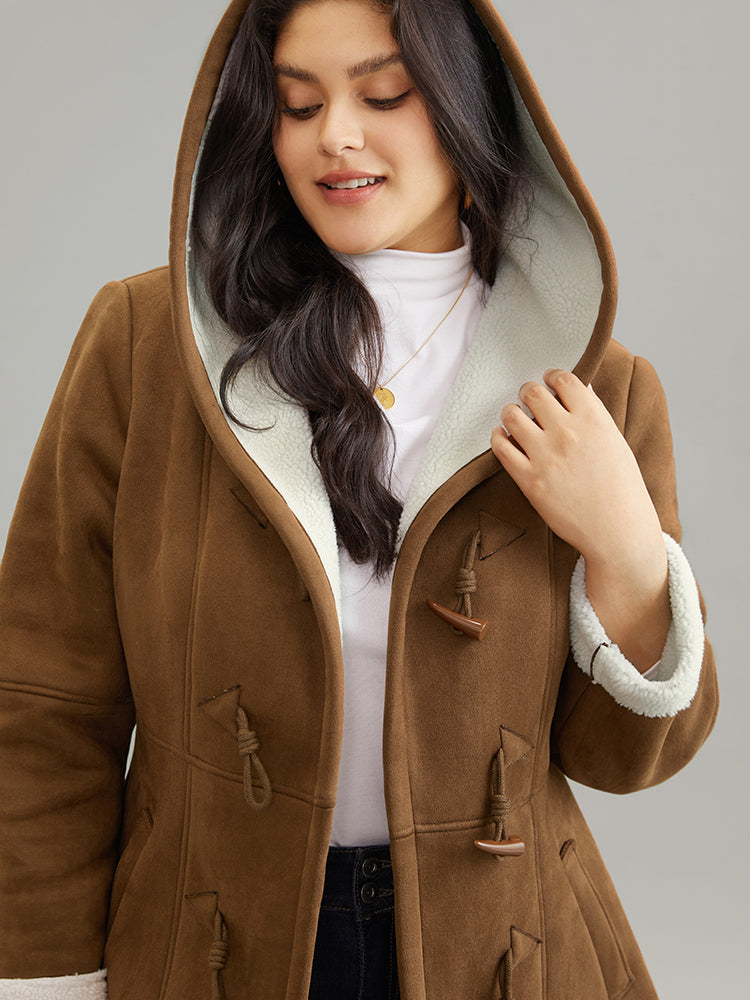 Contrast Duffle Button Fluffy Hooded Coat