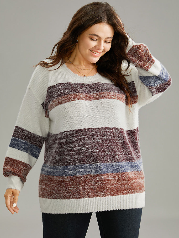 Colorblock Fuzzy Drop Shoulder Pullover