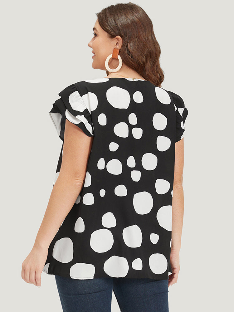 Polka Dot Flutter Cap Sleeve Tiered Blouse