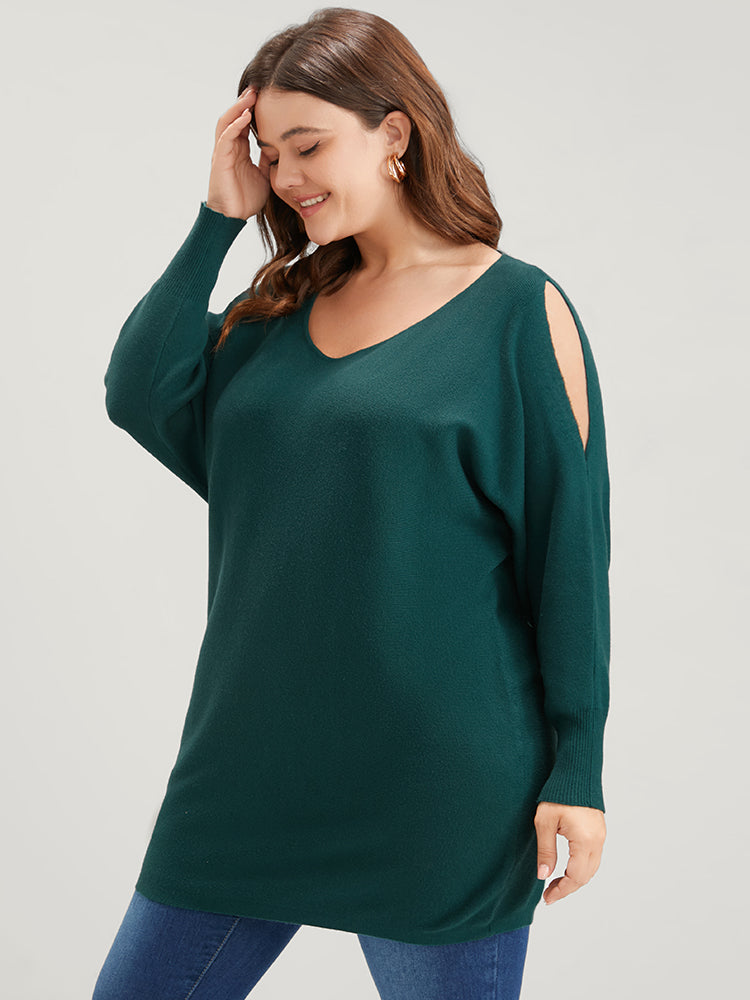 Solid Soft Sexy Yarn Knit Dolman Sleeve Cold Shoulder Knit Top