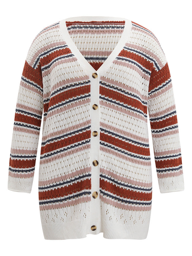 Striped Contrast Pointelle Knit Button Through Cardigan