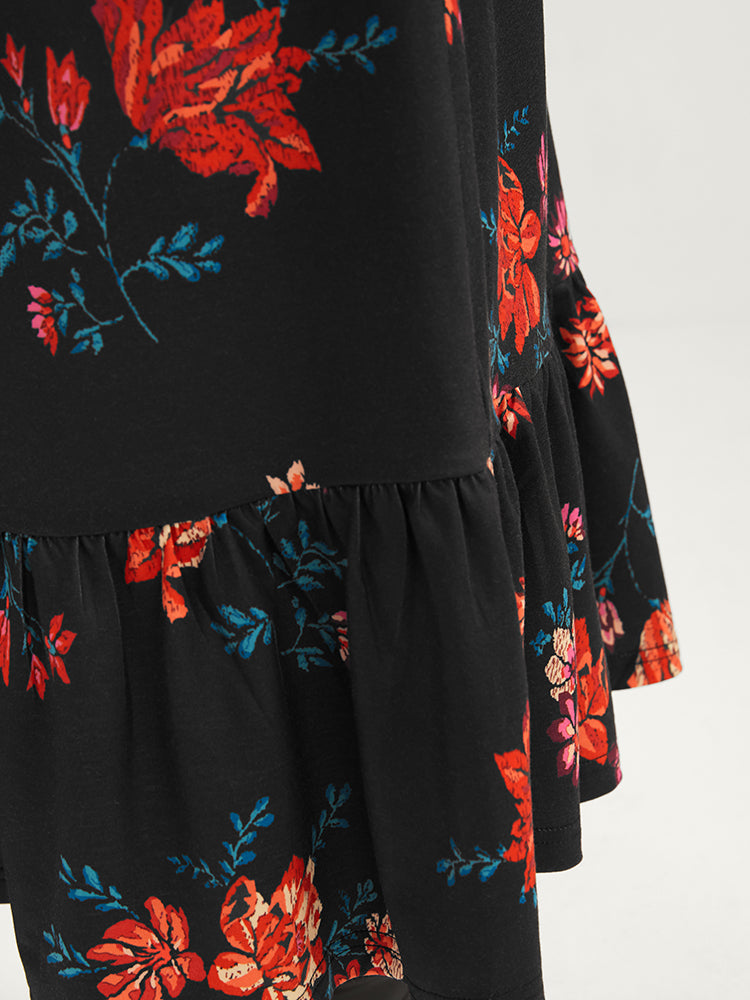 Floral Print V Neck Pocket Flutter Hem Dress Without Belt