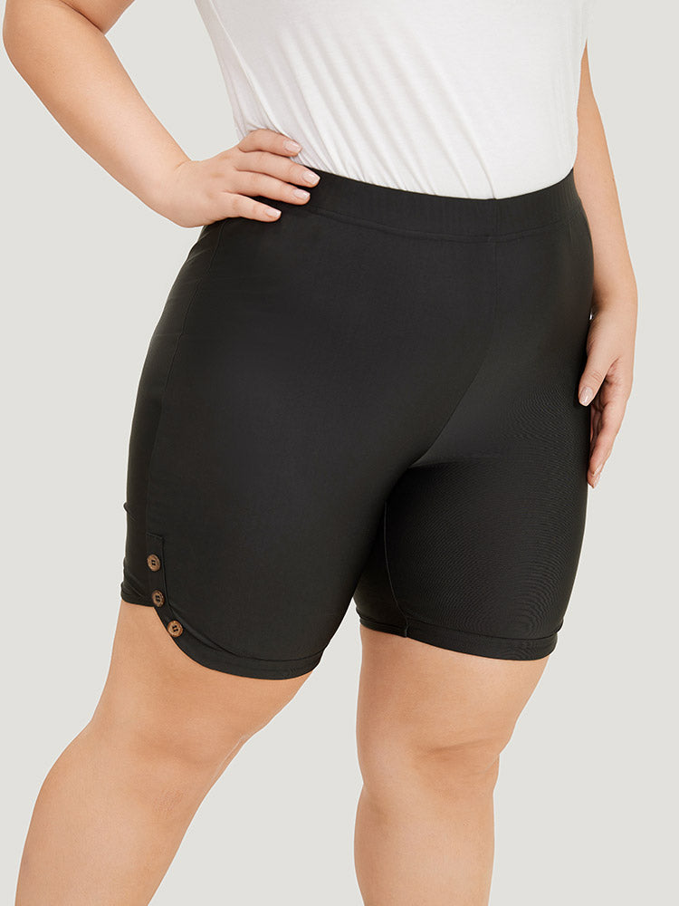 Plain Button Detail Dolphin Hem Leggings