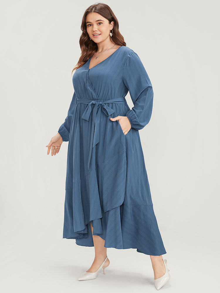 Solid Surplice Neck Lantern Sleeve Pocket Belted Asymmetrical Hem Dress